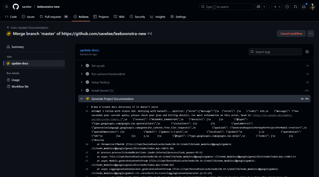 Github Actions with Gemini CLI integration to auto generate documentation